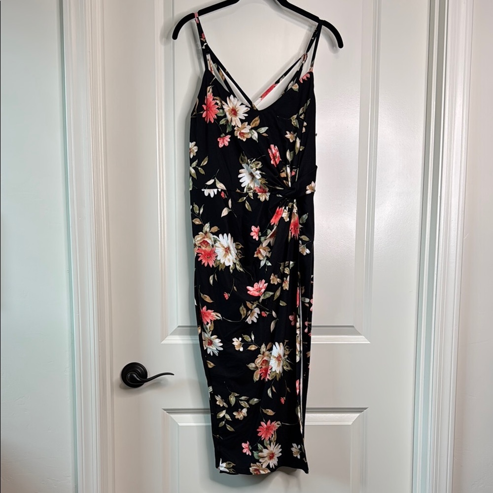 nine britton Black Floral Midi Dress with Pink & White Blooms